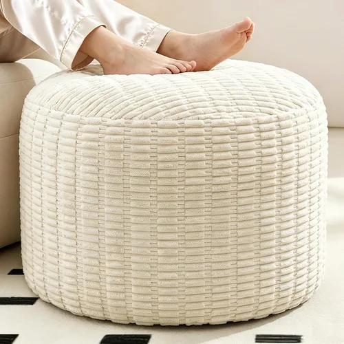 Vista 14 de Puf otomano redondo de pana para sala de estar, taburete relleno de espuma triturada de felpa suave, cómodo reposapiés Soft plush shredded foam