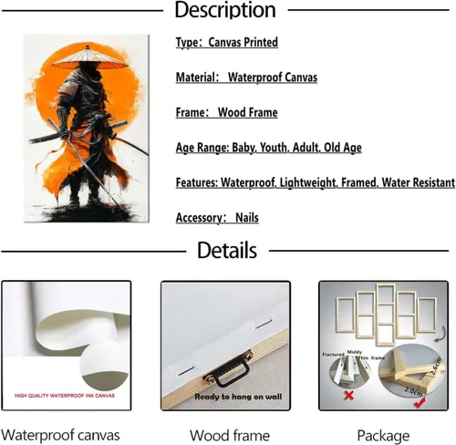 Vista 6 de Arte de Pared de Samurái Japonés, Imágenes de Póster de Samurái, Decoración de Pared para Oficina, Sala de Estar, Dormitorio, Obra de Arte Samurai