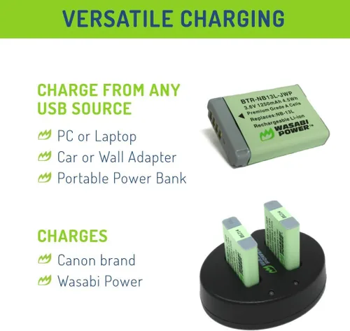 Vista 6 de Wasabi Power Batería (paquete de 2) cargador dual para Canon NB-13L, PowerShot G1 X Mark III, G5 X, G5 X Mark II, G7 X, G7 X Mark II, G7 X Mark III