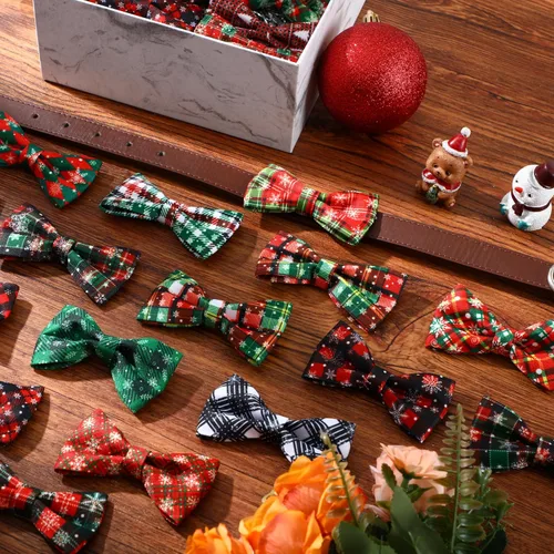 Vista 6 de Silkfly 60 piezas de collar de perro a cuadros de Navidad, corbatín a granel, accesorios de vacaciones, lazos para cachorros, collares desmontables