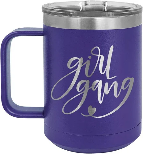 Vista 15 de GIRL GANG Negro 15 oz Taza de café w/tapa deslizante Taza de café de viaje aislada Ideas de regalos de cumpleaños o Navidad de mujeres u hombres