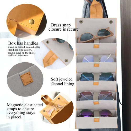 Vista 4 de Estuche para lentes de sol para hombres o mujeres, estuche rígido para múltiples anteojos, caja portátil con 5 ranuras para organizar gafas, bolsa