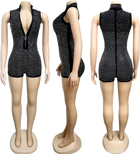 Vista 6 de PORRCEY - Enterizo para mujer, sin mangas, con medias y decoraciones brillantes, atuendo sensual para noche de fiesta o club