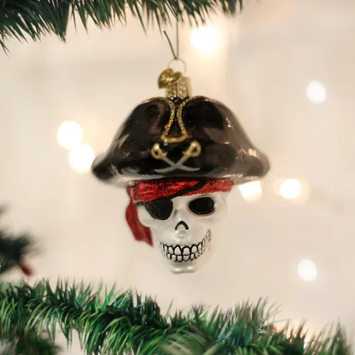 Vista 2 de Old World Christmas - Adorno de Jolly Roger de vidrio soplado para árbol de Navidad, decoración festiva artesanal, colección de Halloween