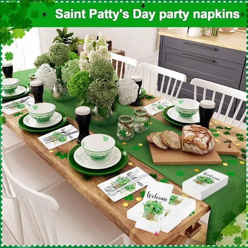 Vista 7 de Outus 100 servilletas del día de San Patricio, tréboles de bienvenida, toallas de papel para invitados, toallas de mano verdes, tréboles