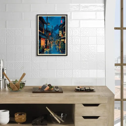Vista 5 de Podafu Arte de Pared en Lienzo de Casa de Té Japonesa de Tokio - Decoración Moderna Ukiyo-e - Marco Negro - 10L" x 8W" - Dormitorio y Sala de Estar