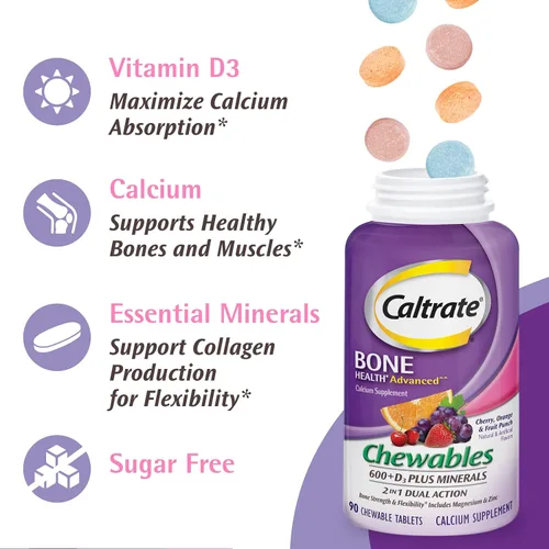 Vista 4 de Caltrate Chewables 600 Plus D3 Plus Minerals Suplemento de vitamina D de calcio, cereza, naranja y fruta, 90