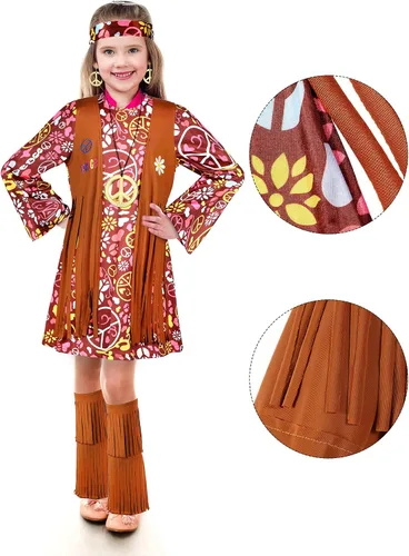 Vista 5 de Disfraz hippie para niñas, vestido hippie de los años 70, diadema, traje con signo de la paz, aretes, collar, Halloween, cosplay, disfraz