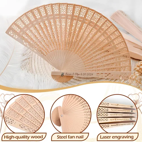 Vista 4 de Abanicos de boda personalizados para invitados, ventilador personalizado a granel de madera plegable grabado a mano nombre/fecha para boda, baby