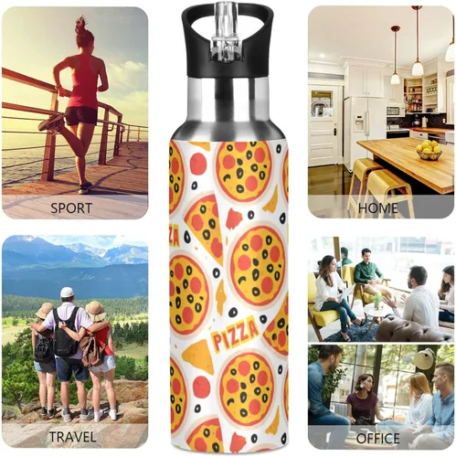 Vista 5 de Wusikd Pizza Slice - Botella de agua con tapa con pajilla, termo de doble pared para alimentos, termo aislado al vacío, botella de agua de acero