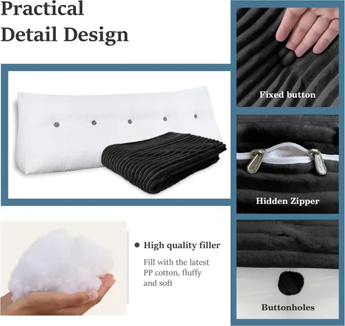 Vista 4 de Almohada de cuña para sentarse en la cama, almohada de lectura para adultos, soporte para respaldo, almohada de cabecero, sofá cama, cojín de Negro