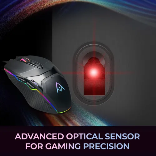 Vista 6 de Adesso iMouse X5 USB RGB iluminado para juegos - 7 botones, peso ajustable, interruptor DPI de 6 niveles hasta 6400, sensor óptico, diseño