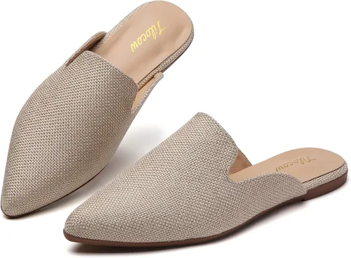 Vista 7 de Tilocow Mules para mujer, cómodos mocasines puntiagudos, sin espalda, planos, zapatos casuales de negocios, deslizantes, sin cordones beige