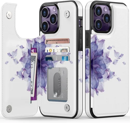 Vista 26 de LETO para iPhone 15 Pro Funda tipo cartera - Tapa tipo folio con patada - Diseños de moda - Tarjetero - Funda protectora para mujeres y niñas - 6.1
