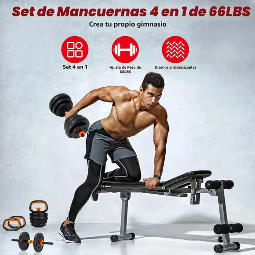 Vista 2 de Juego de mancuernas ajustables, juego de pesas de 66 libras, juego de mancuernas 4 en 1 con conector para barra, pesas rusas, soporte de flexión