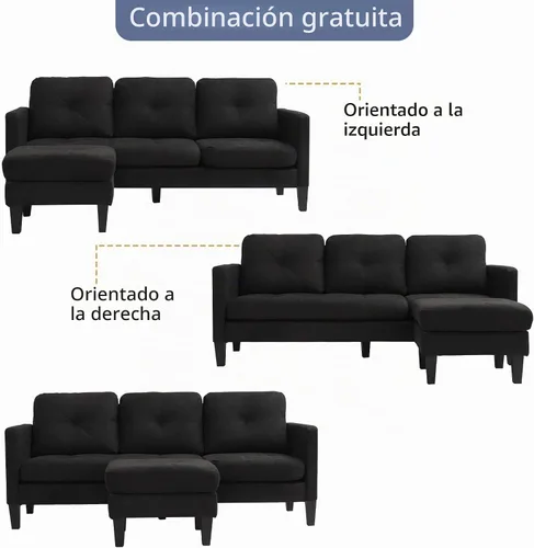 Vista 3 de Grepatio Sofá modular convertible, sofá en forma de L con tela de lino moderna para espacio pequeño (negro)