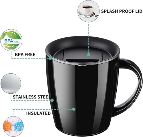 Vista 4 de PARACITY Taza de café aislada de acero inoxidable con tapa y asa, taza de viaje con doble pared, taza de camping con tapa deslizante para hombres