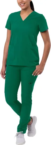 Vista 21 de Adar Addition Go-Basic - Conjunto de uniforme quirúrgico para mujer con blusa de cuello en V y pantalones cargo ajustados Rosa suave