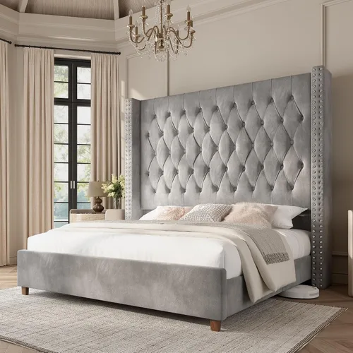 Vista 10 de PaPaJet Base de cama Queen de 61.4 pulgadas de alto, cabecera tapizada