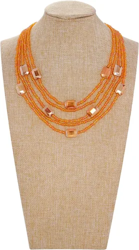 Vista 2 de COIRIS - Collar de cuentas de múltiples semillas con cuentas rectangulares acrílicas, babero grueso, collar de cuentas de arroz