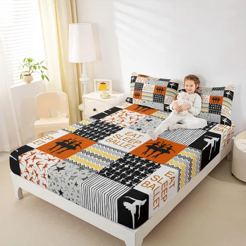 Vista 13 de Sábana bajera ajustable de ballet para niñas, juego de ropa de cama de ballet para danza de ballet, sábanas de cama con rayas geométricas onduladas
