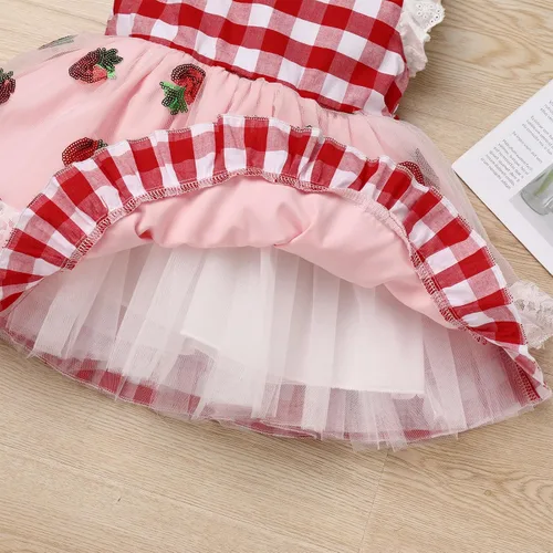 Vista 6 de IDOPIP Baby Girls Gingham Tutu Dress Sequin Strawberry Cow Print Princess Birthday Party Dresses with Headband 2PCS Outfit