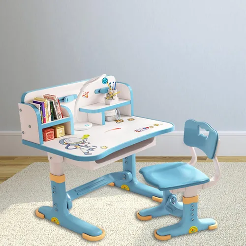 Vista 9 de Juego de escritorio y silla ajustable para niños con almacenamiento, cajones, estantería, mesa de escritura y tareas para niños y niñas, escritorio