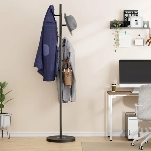 Vista 9 de MISSLO Perchero resistente independiente de 4 tamaños ajustables con base de madera estable, soporte de pie con 6 ganchos para colgar ropa, árbol
