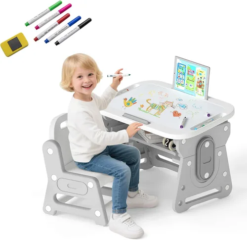 Vista 11 de Costzon - Juego de mesa y silla para bebé, escritorio de actividades de plástico con pizarra, bolígrafos de acuarela, borrador de pizarra y estante