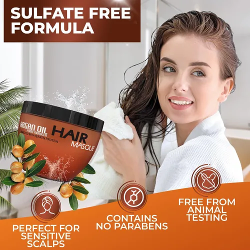 Vista 4 de Mascarilla de aceite de argán marroquí para el cabello, sin sulfatos, antiencrespamiento, cuidado hidratante para mujeres y hombres, tratamiento