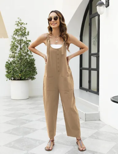 Vista 2 de Omoone Overol de algodón y lino para mujer, estilo casual, con tirantes de corbata, pechera, holgado, pierna ancha con bolsillos