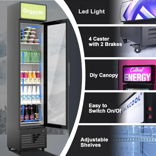 Vista 2 de Refrigerador comercial de bebidas, refrigerador de 7 pies cúbicos pequeños delgados de una sola puerta de vidrio con estantes ajustables de luz LED