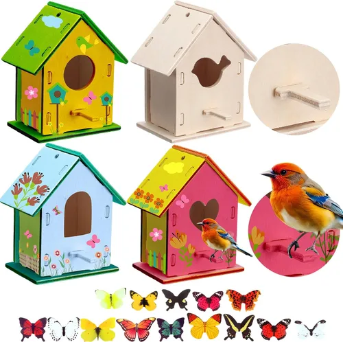 Vista 3 de Outus 12 kits de manualidades de madera para construir, casa de pájaros sin terminar de madera de 4 formas con calcomanía de mariposa