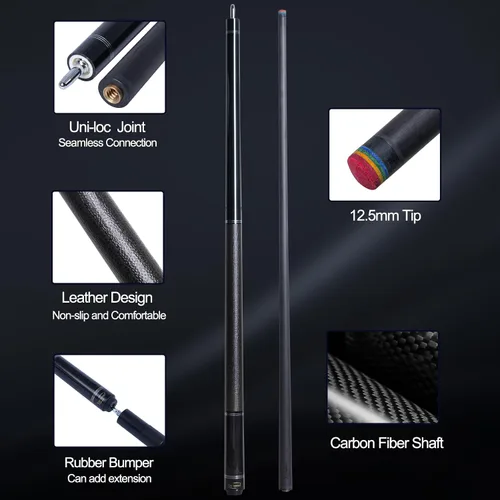 Vista 3 de Taco de Billar de Fibra de Carbono 12.5mm Punta Arcoíris Baja Deflexión Taco de Billar con Junta de Pin Uni-loc y Extensión Taco de Billar-20 oz