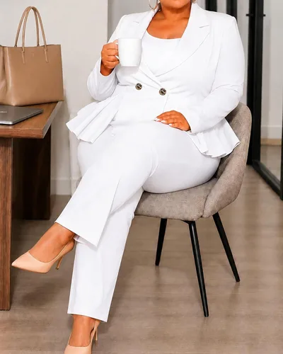 Vista 4 de CXXQ Pantalones tipo blazer peplum de 2 piezas para mujer, talla grande Blanco