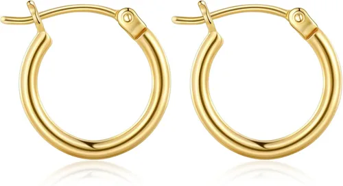Vista 46 de Aretes de aro de oro para mujer chapados en oro real de 14 quilates con poste de plata de ley 925 Dorado