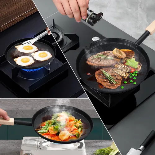 Vista 8 de bodkar Sartén de 8 pulgadas para freír y saltear, sartén plana para crepas, parrilla ligera con mango de madera para cocinar al aire libre y en Negro