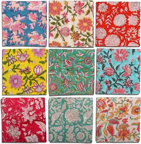 Vista 10 de DIYANAIMPEX 10 piezas de servilletas de tela de algodón con estampado de bloque manual hecho a mano Tamaño 16x16 pulgadas Servilletas impresas