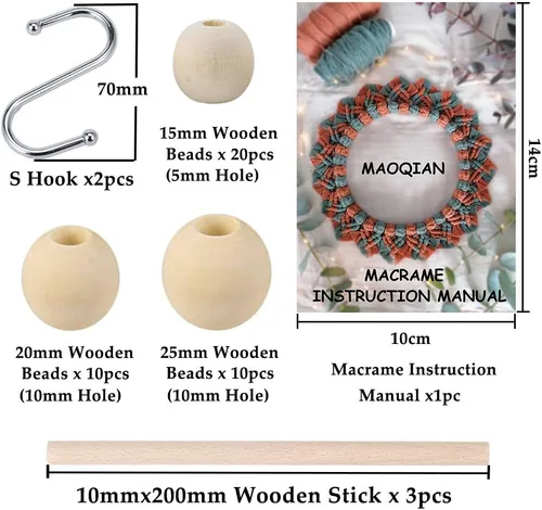 Vista 3 de 120 kits de macramé para principiantes de 0.118 pulgadas x 109 yardas, cordón de macramé de algodón natural con cuentas y anillos de madera, palos