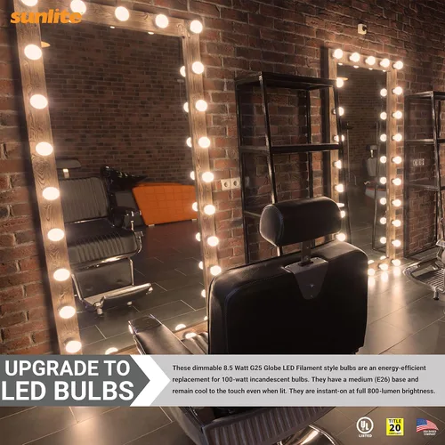 Vista 4 de Sunlite 81124 Bombilla LED G25 Edison Globo, 8.5 vatios (100 W = ), base E26 media, 800 lúmenes, regulable, vidrio transparente, filamento largo