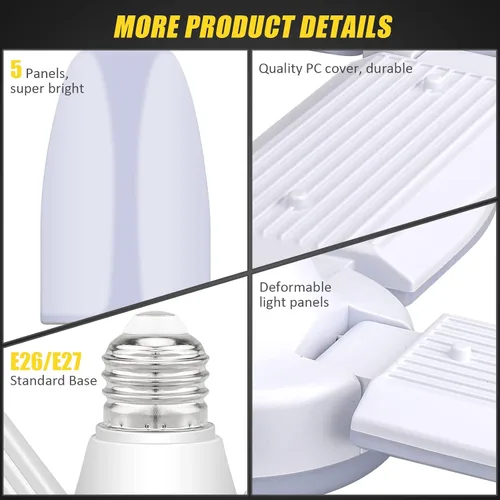 Vista 6 de Paquete de 4 luces LED de garaje, luz LED de 80 W con 4 + 1 paneles multiposición, lámpara de techo deformable E26/E27, 6500 K 8000 lm para tienda