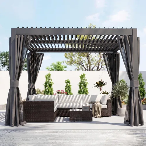 Vista 21 de Domi - Pérgola de aluminio para exteriores de 10 x 10 pulgadas con cortinas y malla Marrón oscuro