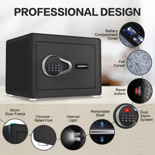 Vista 4 de Caja fuerte para el hogar, caja fuerte pequeña de 1.0 pies cúbicos con estante extraíble, sistema de alarma, caja de seguridad electrónica digital