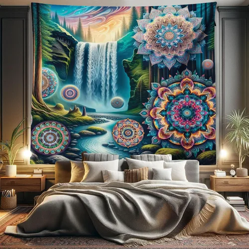 Vista 108 de Ambesonne Tapiz Trippy, vista panorámica de la cascada con bosques de ensueño y mandala oriental psicodélico, decoración de tela para colgar