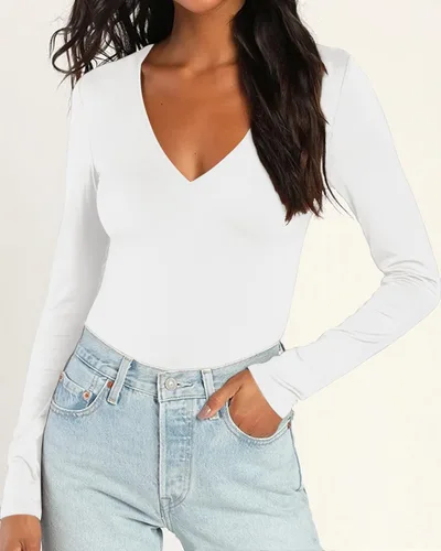 Vista 2 de Allchic Enterizo básico de manga corta y larga con cuello en V para mujer Negro