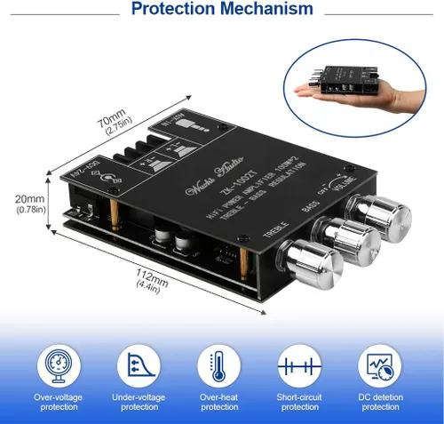 Vista 6 de Placa de Amplificador Bluetooth ARRAROWN ZK-1002T 2.0CH 100W*2 Mini AMP de Audio con Control de Agudos y Graves, Entradas BT y AUX, Módulo de AMP