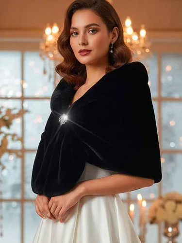 Vista 23 de Aukmla Bufanda de piel de boda para mujer con broche de diamantes de imitación para novia y damas de honor