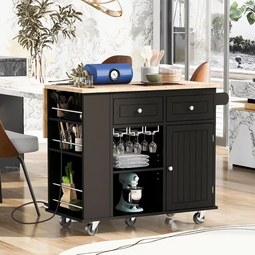 Vista 27 de Delicate Rolling Kitchen Island Cart with Rubber Wood Drop-Leaf Countertop and Lockable Rollers,Storage Cabinet and 2 Drawers,Sliding Barn Door
