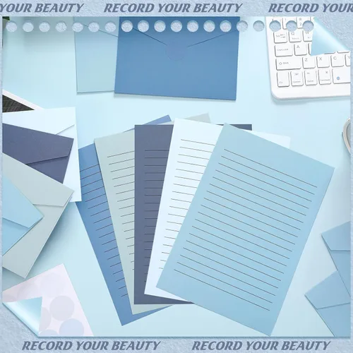 Vista 3 de Juego de 100 piezas de papel de papelería rayado y sobres, incluye 50 hojas de papel para escribir cartas y 50 sobres para oficina, 5.5 x 8.25 Azul