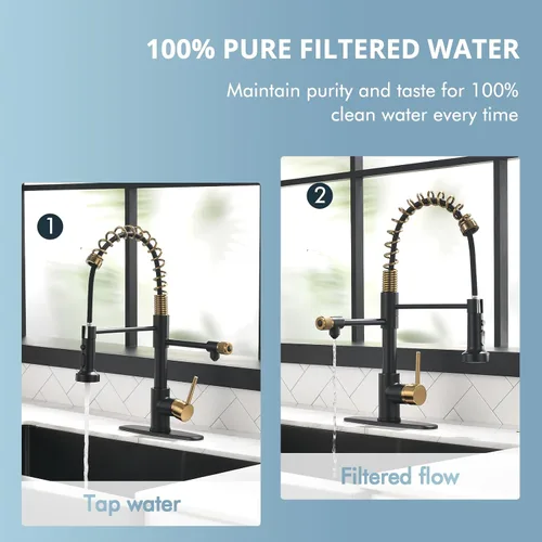 Vista 3 de GIMILI Grifo de agua potable negro y dorado 3 en 1 estilo comercial desplegable con filtro de una sola manija para sistema de filtración de agua